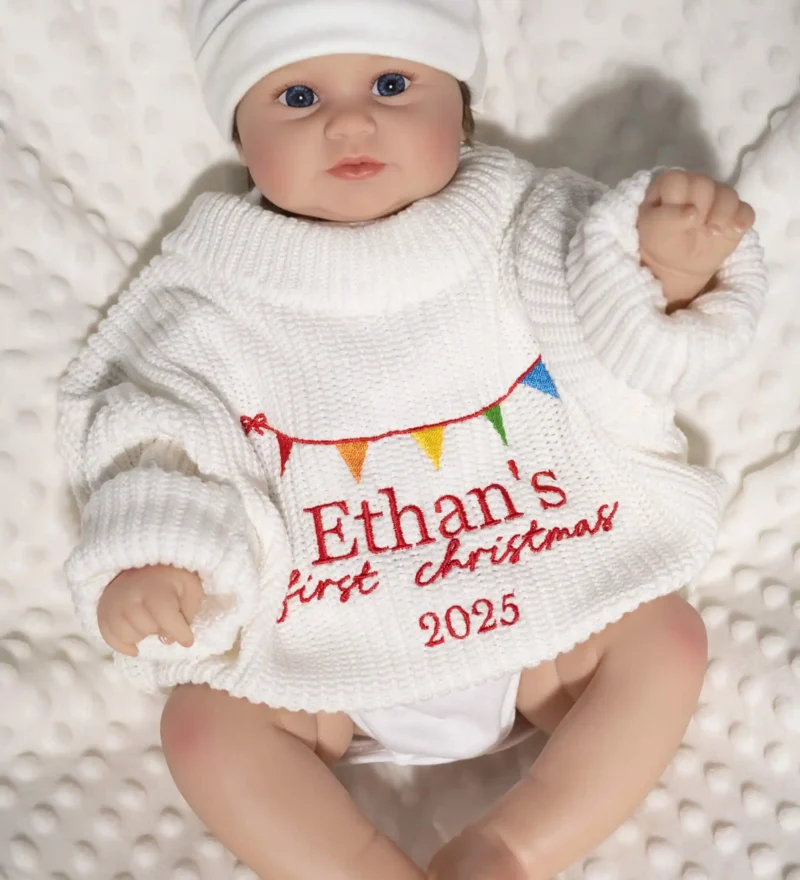 littlecustombaby baby fist christmas knitted sweater baby wearing scene photo 2