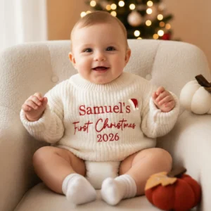 Personalized Baby Santa Hat First Christmas Knitted Sweater